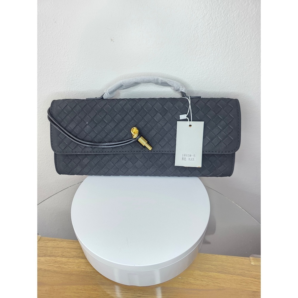 Woven Black Vegan Suede Leather Crossbody Clutch Bag with Knot Lock New